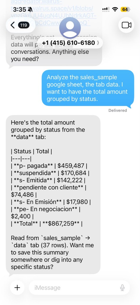 Exnir analyzing a Google Sheet and grouping totals by status